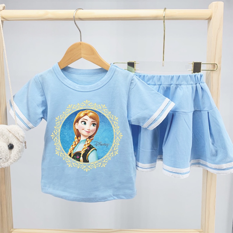 Bộ Áo Thun Tay Ngắn In Hình Công Chúa Elsa Anna Năm 2021 + Chân Váy Xếp Ly Cho Bé Gái (2-8 Tuổi)