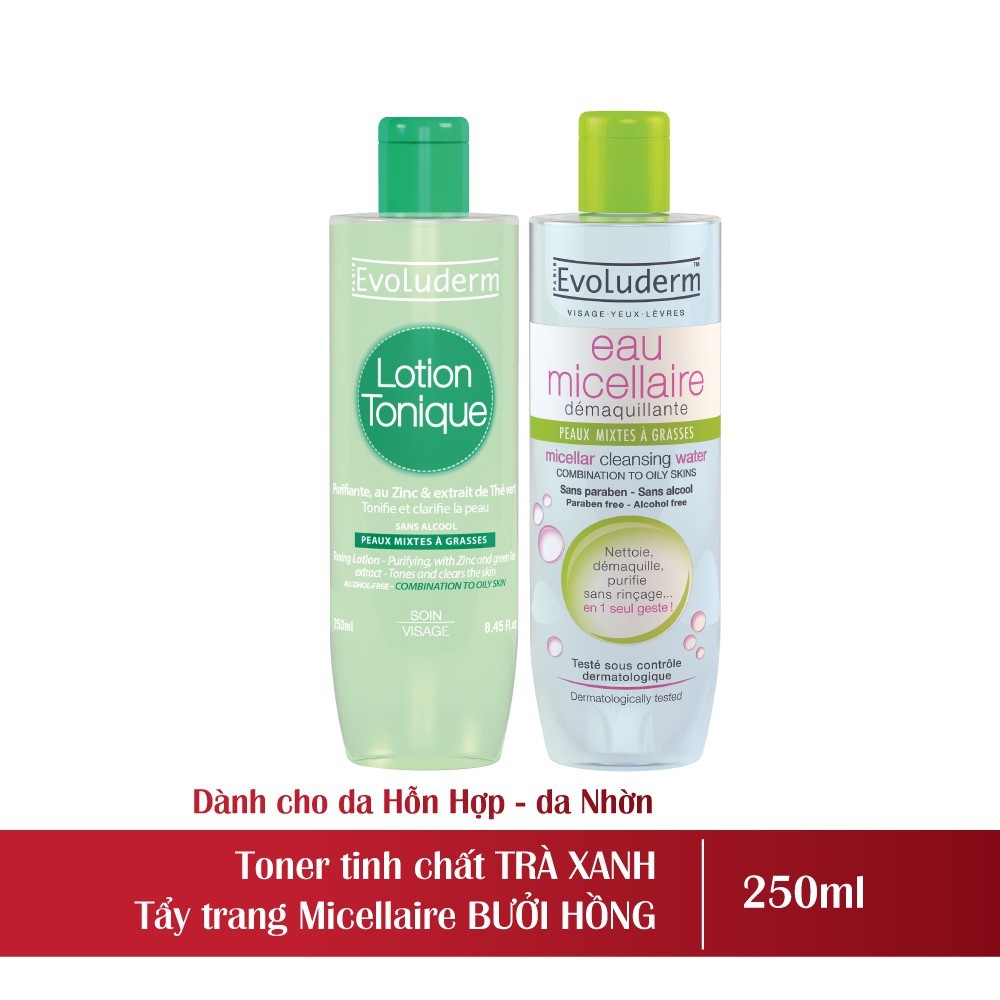 Bộ Nước Tẩy Trang Evoluderm 250ml Và Nước Hoa Hồng Evoluderm 250ml Cho Da Hỗn Hợp Và Dầu