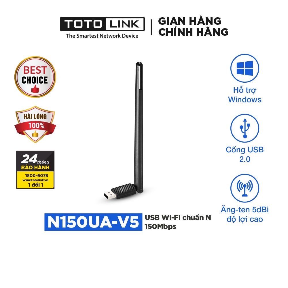 USB WiFi chuẩn N 150Mbps TOTOLINK N150UA-V5 Sử dụng cho PC Laptop dễ sử dụng