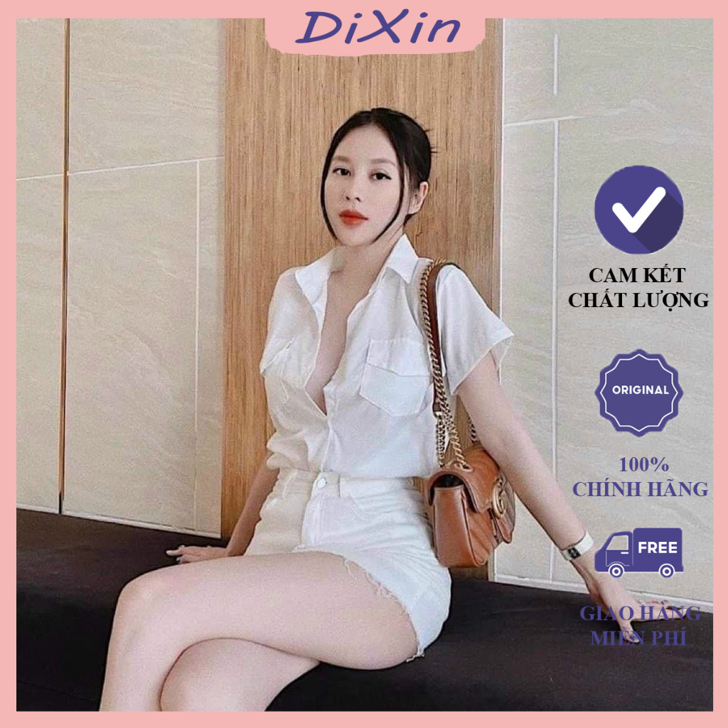 Áo kiểu sơ mi nữ trơn tay ngắn túi hộp, áo sơ mi basic có 2 màu