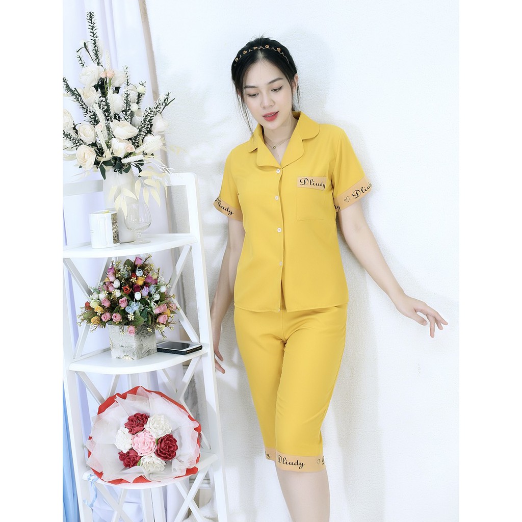 [HÌNH THẬT 100%] Bộ đồ Pijama nữ lửng VÀNG PHA CHỮ - vải siêu lụa cao cấp - Cực Kì Sang Chảnh