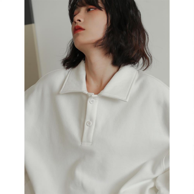 Áo sweater trắng dáng rộng cổ polo thiết kế mới thời trang thu đông 2023 Hàn Quốc cho nữ