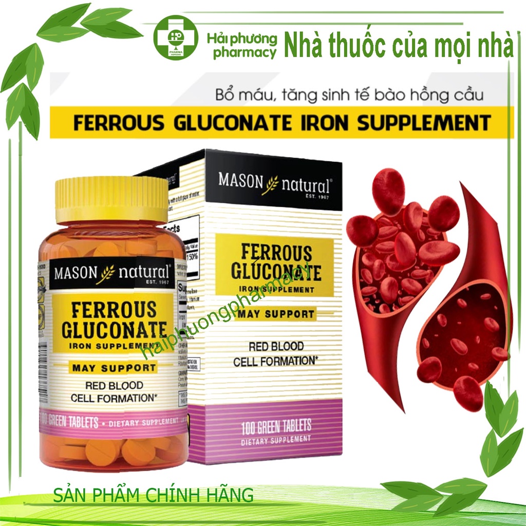 Mason Natural Ferrous Gluconate - Chai 100 viên - BỔ MÁU, TĂNG SINH TẾ BÀO HỒNG CẦU