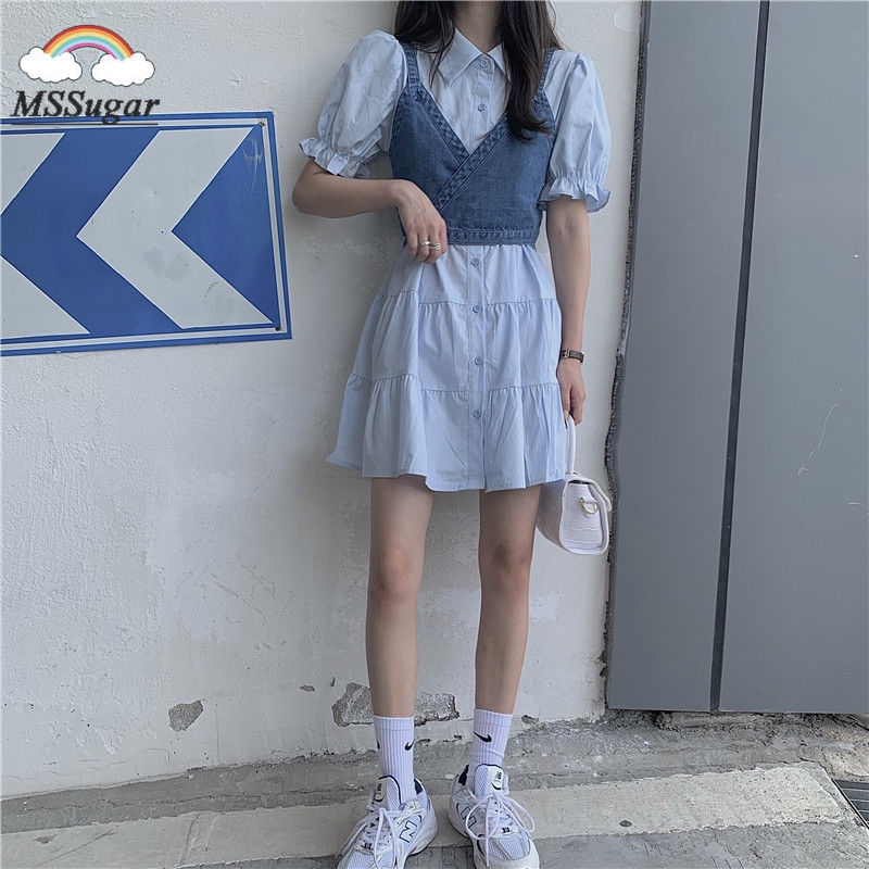 Váy nữ Set đầm sơ mi tay bo phồng + áo yếm denim duyên dáng dành cho phái đẹp 2020 có bán lẻ Váy | BigBuy360 - bigbuy360.vn
