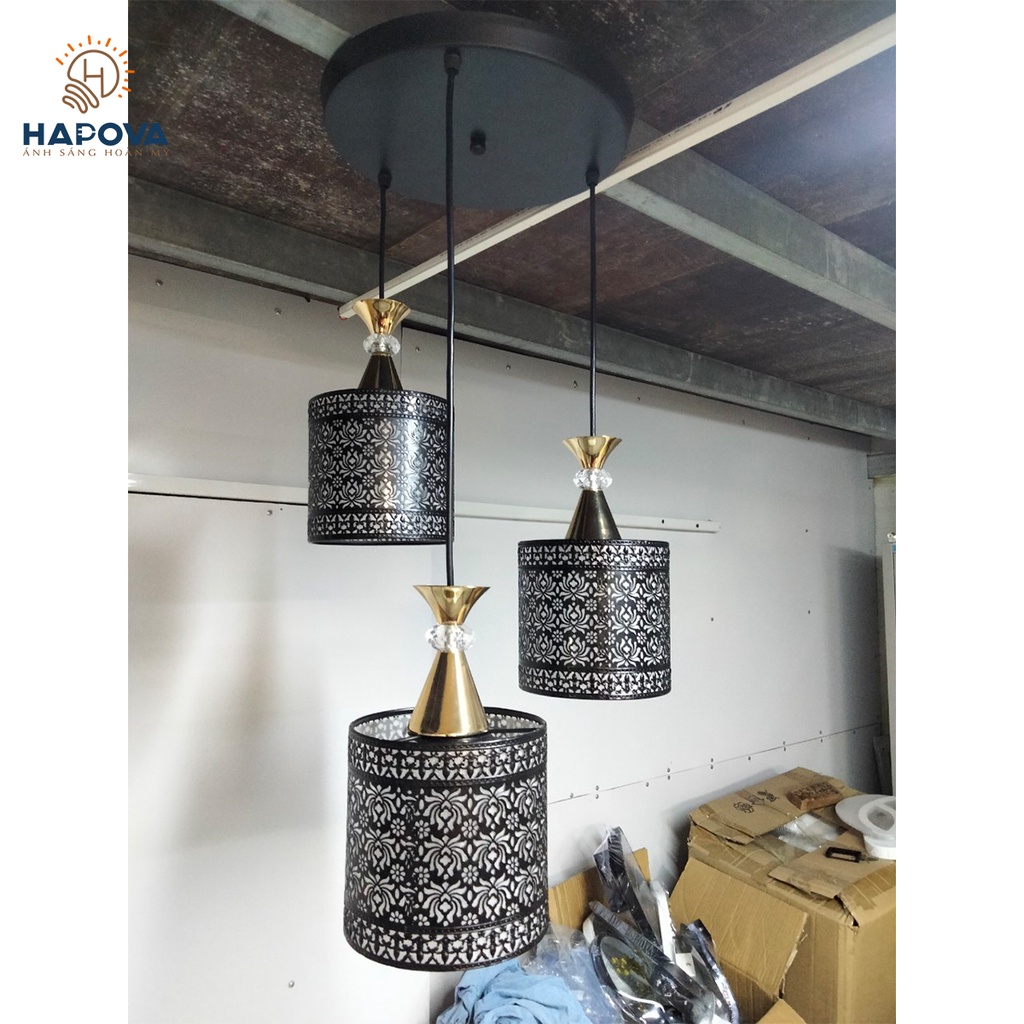 Bộ 03 đèn thả trần bàn ăn hoa văn HAPOVA XENIA 7095 + Tặng kèm bóng led AS Vàng