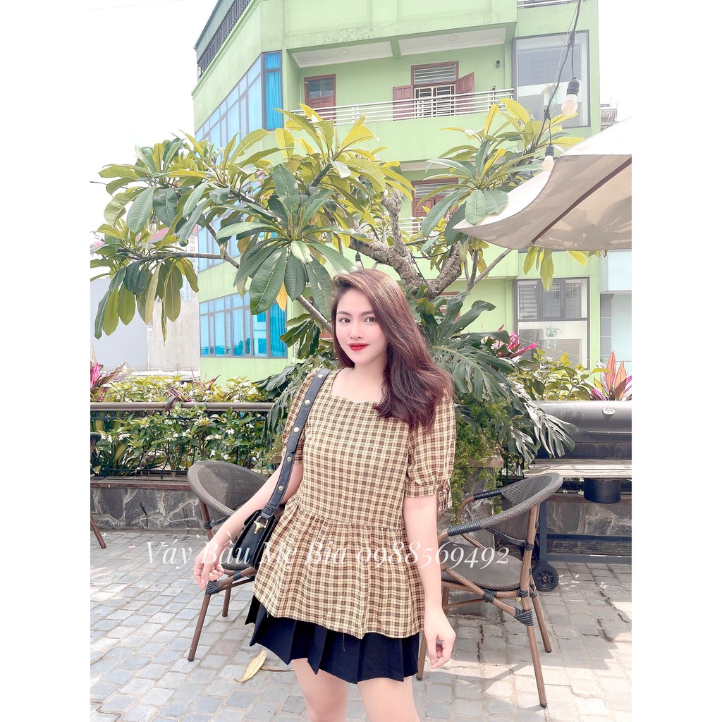 Áo Bầu Công Sở, Áo Bầu Kẻ Vàng Dáng Babydoll Tay Bo ( ảnh thật)