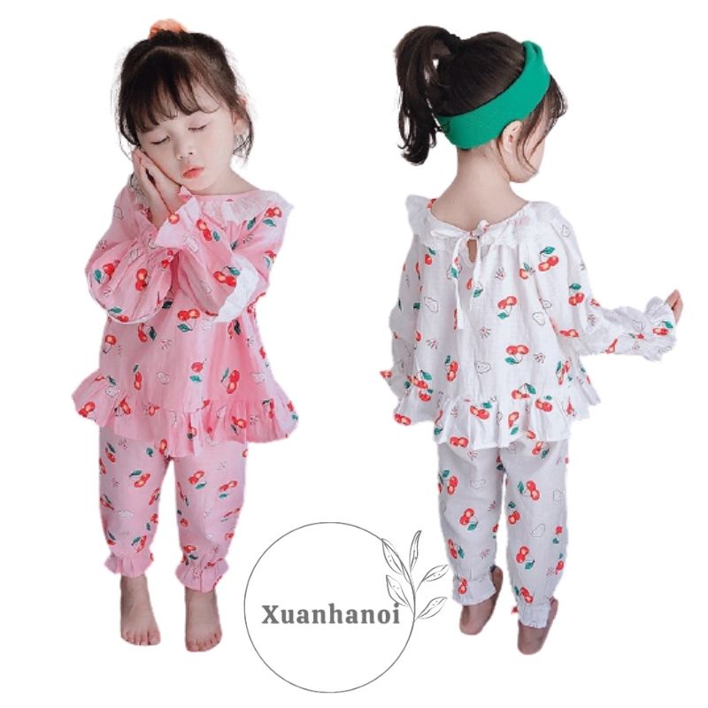 Bộ ngủ dài tay bộ pijama bánh bèo bé gái quả Cherry 2 mầu Hồng và Trắng XHN721