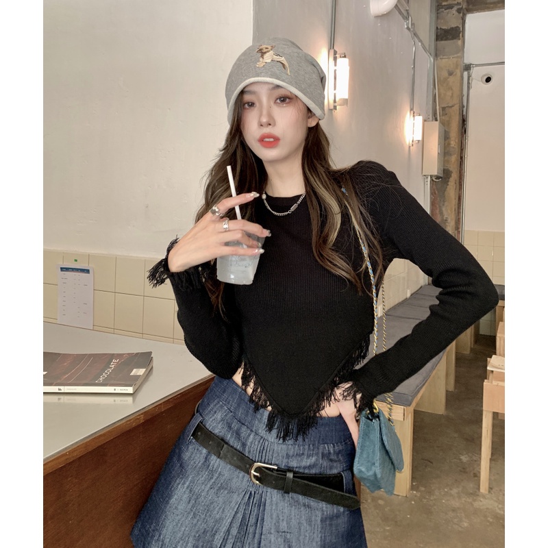 Porozi  Áo sweater dệt kim  tay dài màu đen phong cách Hàn Quốc thời trang cho nữ