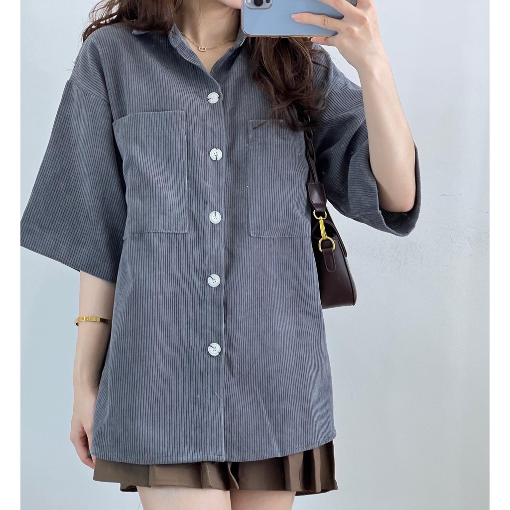 Áo sơ mi nhung tăm to cộc tay, Áo sơ mi ngắn tay freesize- Miho house