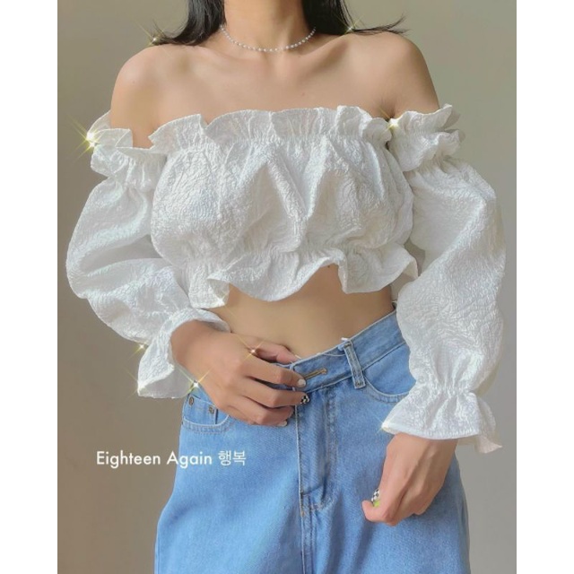 Áo trễ vai tay croptop bồng nhún bèo dễ thương A11-2 Rere.style, áo crt bẹt vai