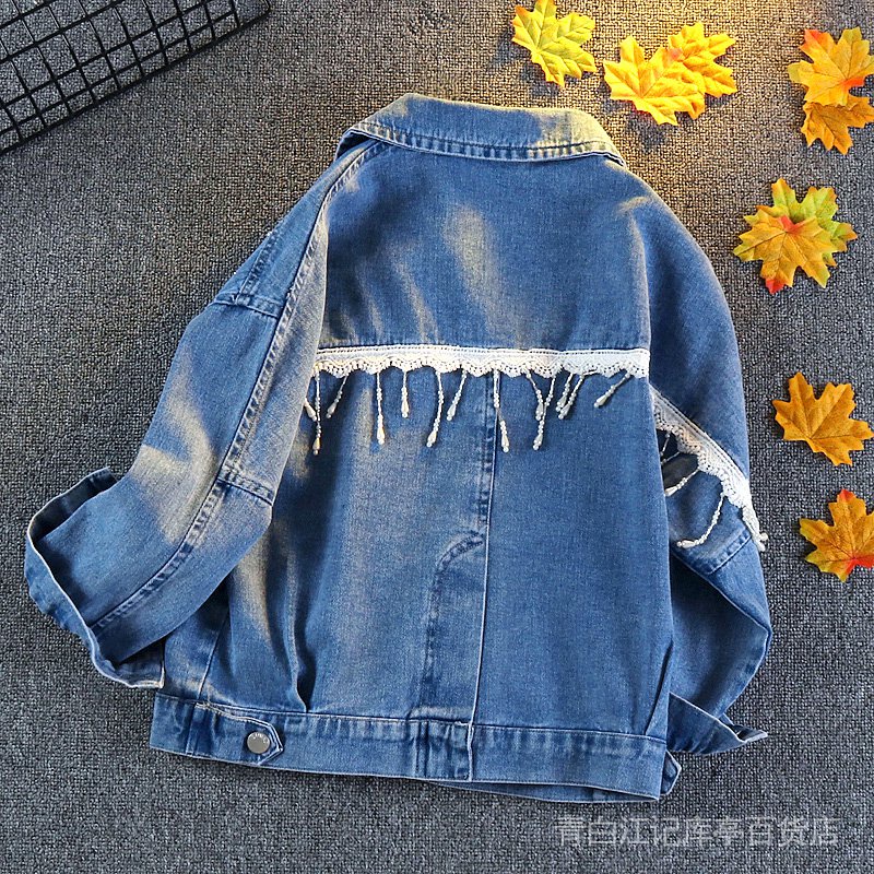 Áo Khoác Denim Phối Ren Đính Hạt Cườm Thời Trang Mùa Thu 2022 Kích Thước Vừa Và Lớn Phong Cách Mới Cho Bé Gái