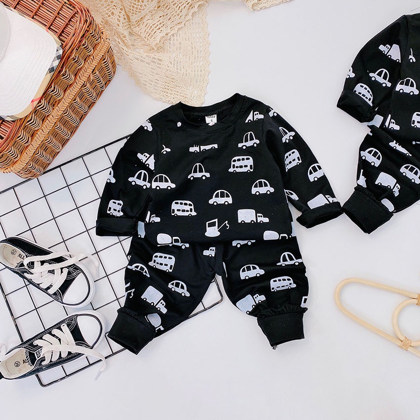 Bộ Quần Áo Dài Tay Thu Đông In Hình Xe Ô Tô Đen Ghi Vải Cotton Cho Bé Từ  8 - 21kg Mã DT 35