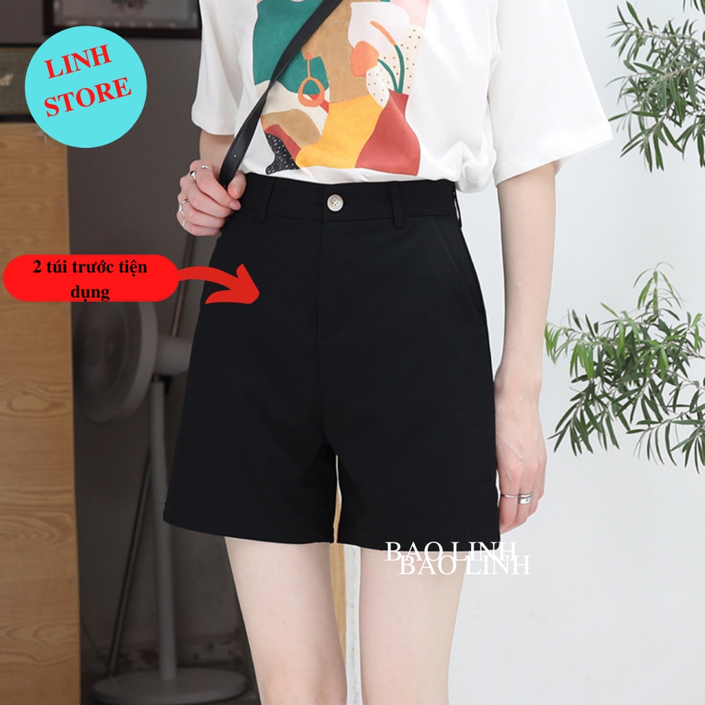 Quần Short Nữ Lưng Cao Linh Store Dáng Ngắn Khóa Thật Chất Liệu Umi Hàn Mặc Đi Làm Đi Học