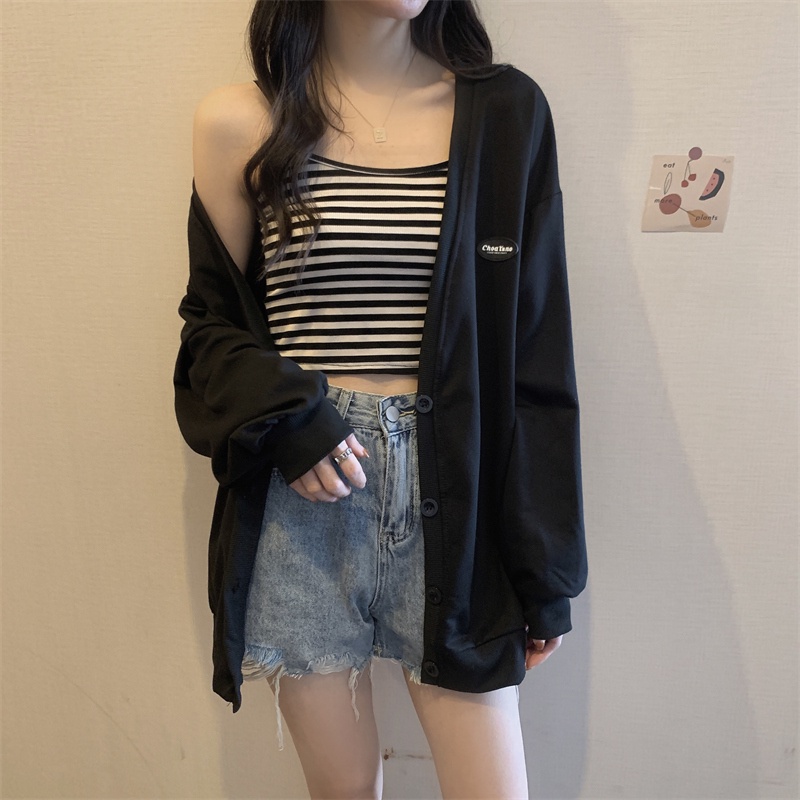 Áo Khoác Cardigan Tay Dài Cổ Chữ V Form Rộng Phong Cách Preppy