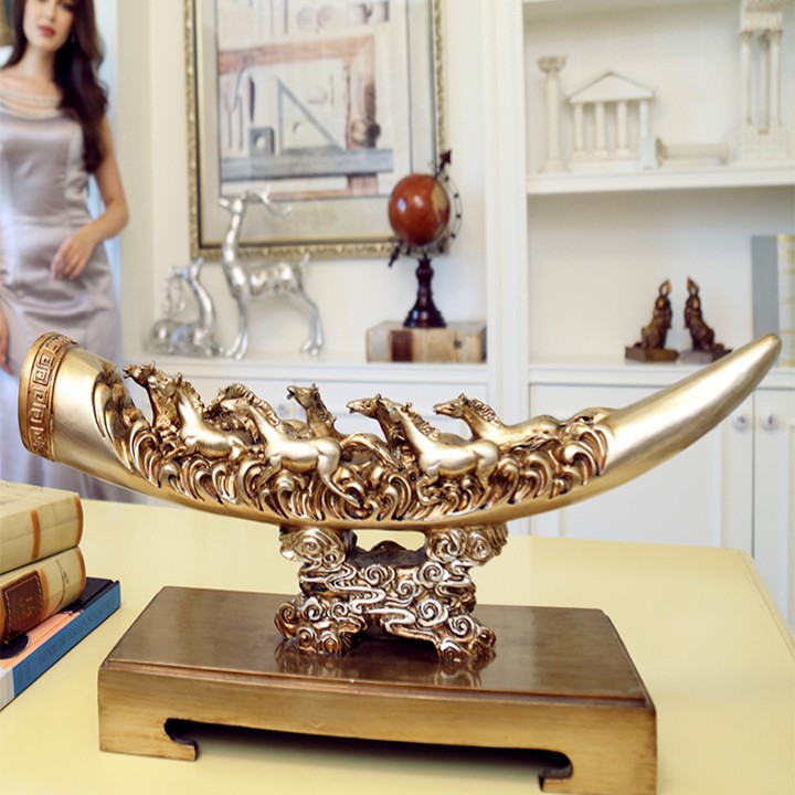 Ngà voi khắc bát mã 8 con ngựa phong thủy may mắn - Tượng ngà voi để bàn, đồ decor trang trí kệ tủ, quà biếu tặng sếp