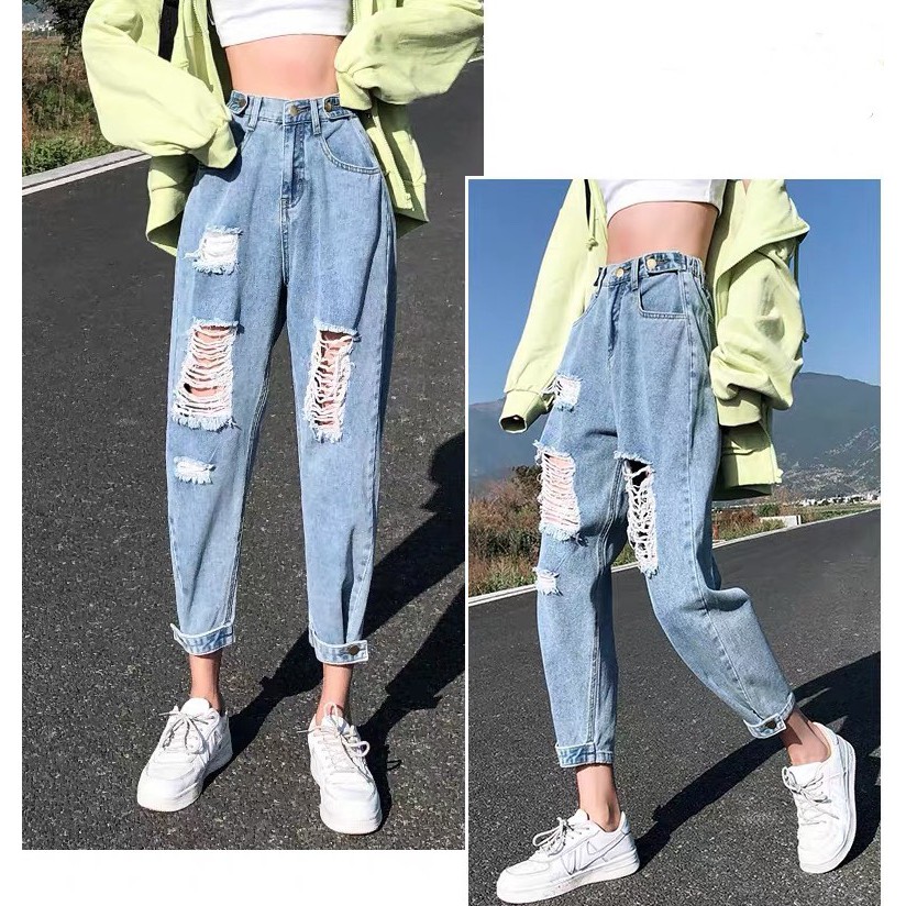 [BIG SIZE] SIÊU PHẨM Quần jean baggy nữ lưng cao, rách bụi bặm, lai kiểu 3466