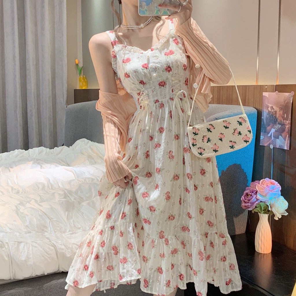 Đầm Chiffon Dệt Kim Lụa Lạnh Dệt Kim Cột Dây Họa Tiết Hoa Thời Trang Mùa Hè Hàng Mới