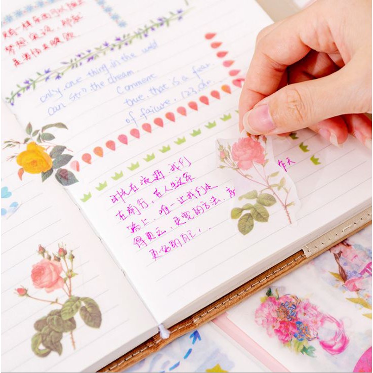 Set 6 Tấm Sticker Dán Vở, Sổ Tay Cô Nhiều Mẫu Chữ, Hoa Lá, Tem, Cô Gái