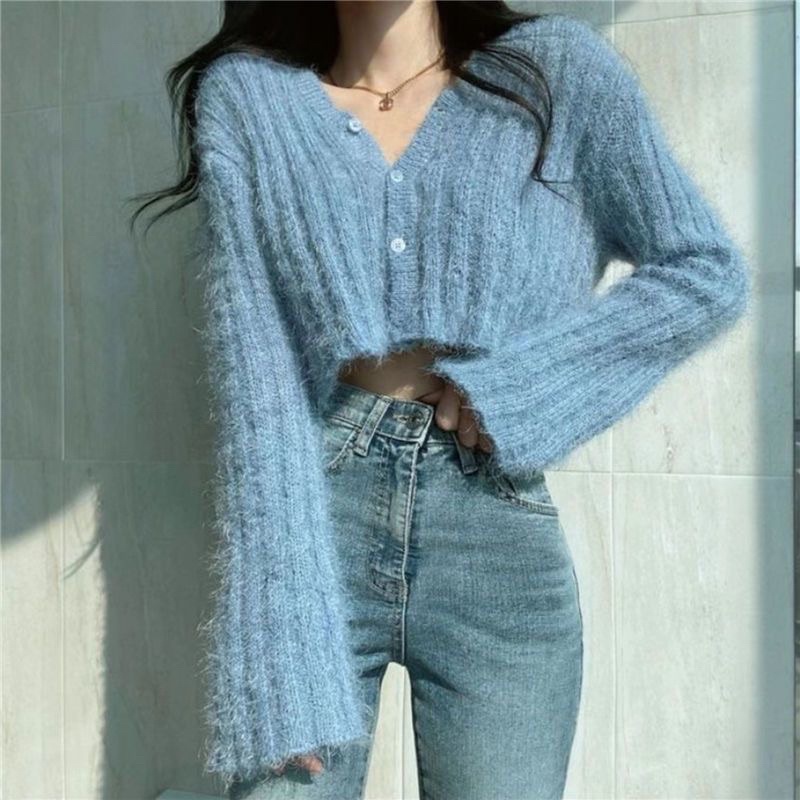 FREESHIP ÁO LEN LÔNG CROTOP CỔ V CÀI CÚC SExy