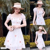 Váy hoa xòe cổ vuông nhún ngực V1931 - LINDA TRAN (Kèm ảnh thật trải sàn do shop tự chụp)