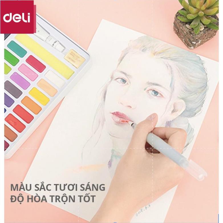 Bộ màu nước dạng nén Deli - 8 phụ kiện đi kèm - hộp sắt - 24 màu - 73876 [Deli]