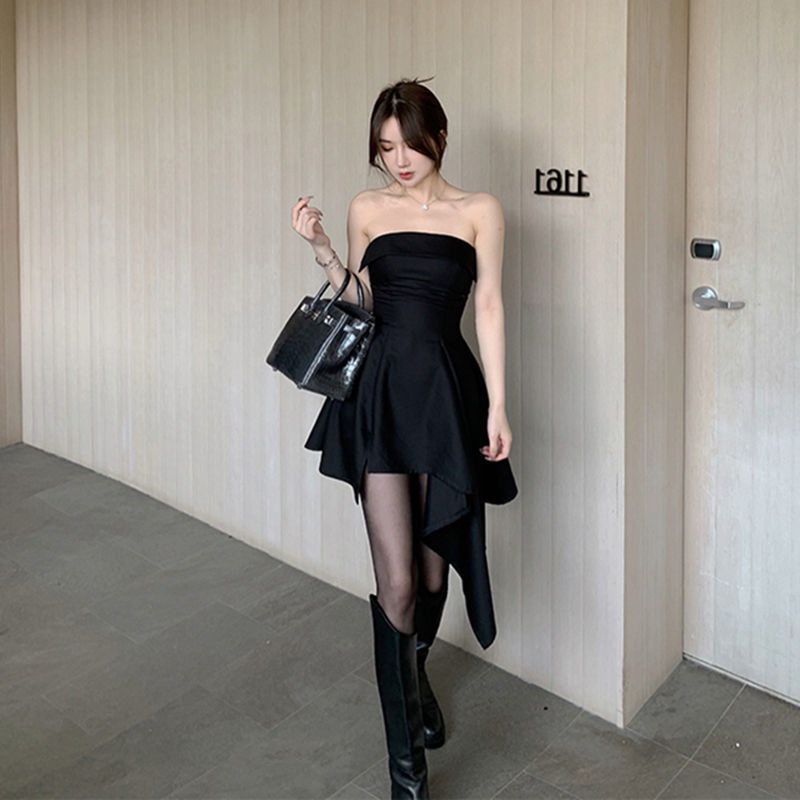 Đầm Ống Lệch Vai Màu Đen Phong Cách Pháp Thời Trang Mùa Hè Cho Nữ