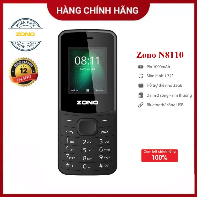 [Rẻ Hơn Hoàn Tiền] Điện Thoai Cơ Bản GSM ZONO N8110 (2 sim 2 sóng) FM không dây - Hàng chính hãng bảo hành 12 tháng