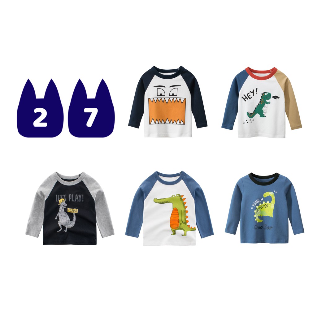 Áo thun dài tay thu đông cho bé trai 27kids in hình khủng long cute, 100% cotton siêu thấm hút, hàng xuất Âu Mỹ
