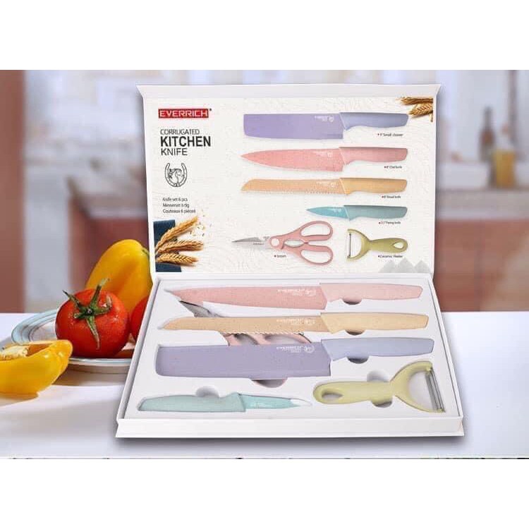 Bộ dao kéo 6 món Everrich Kitchen lúa mạch sịn sò siêu sắc bén - Set dao lúa mạch 6 món Everrich Kitchen
