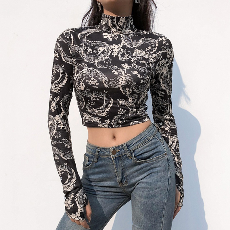 Áo Thun Lửng Tay Dài In Hình Rồng Cá Tính Cho Nữ