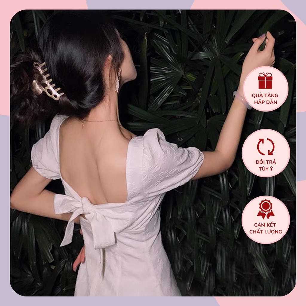 Váy cổ vuông tay bồng hở lưng tiểu thư WANAWEAR màu trắng đen phong cách cổ điển vintage sang chảnh quyến rũ