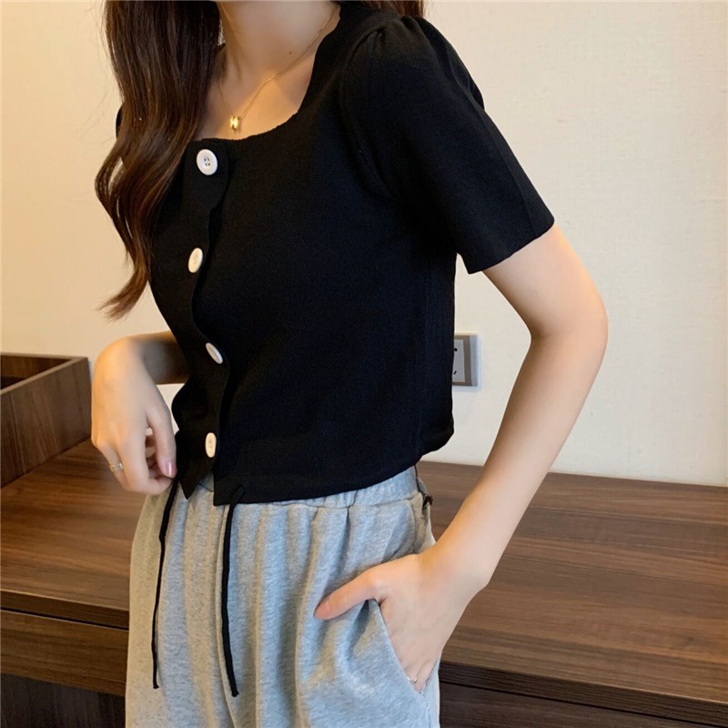 Áo Dệt Kim Tay Ngắn Cổ Vuông Phối Dây Rút Thời Trang Trẻ Trung