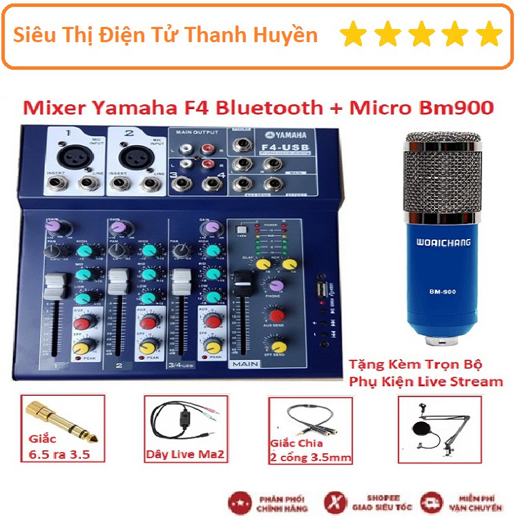 Combo Mixer Yamaha F4 Bluetooth, Micro Thu Âm Chuyên Nghiệp Bm 900, Chuyên Karaoke Online, Thu Âm, Trọn Bộ Live Stream