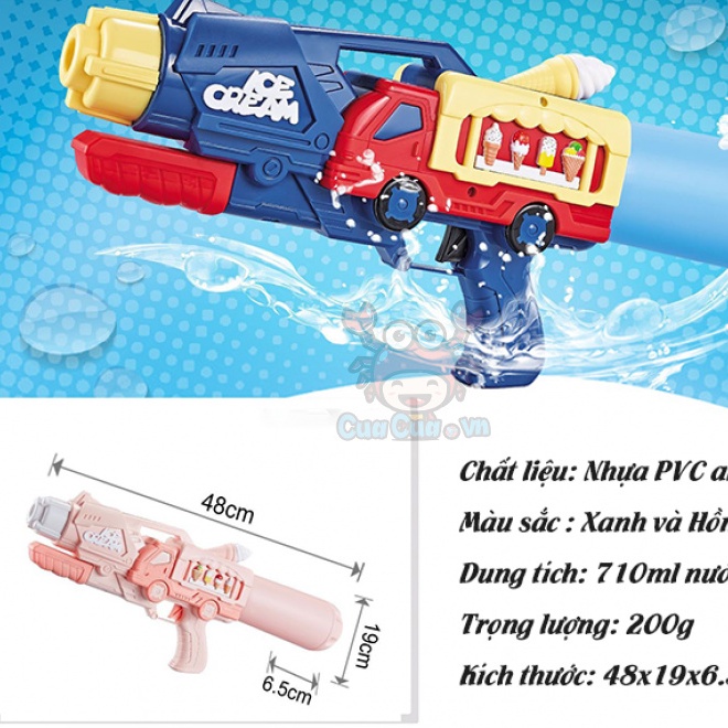 Súng nước xe kem màu hồng cho bé gái, màu xanh cho bé trai - Súng bắn nước đồ chơi trẻ em cỡ lớn 48cm