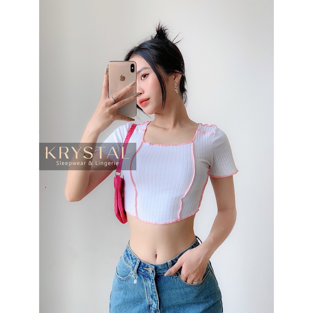 [Mã FAMALLT5 giảm 15% đơn 150k] Áo croptop nữ thun tay ngắn có viền ôm body KRYSTAL NK58