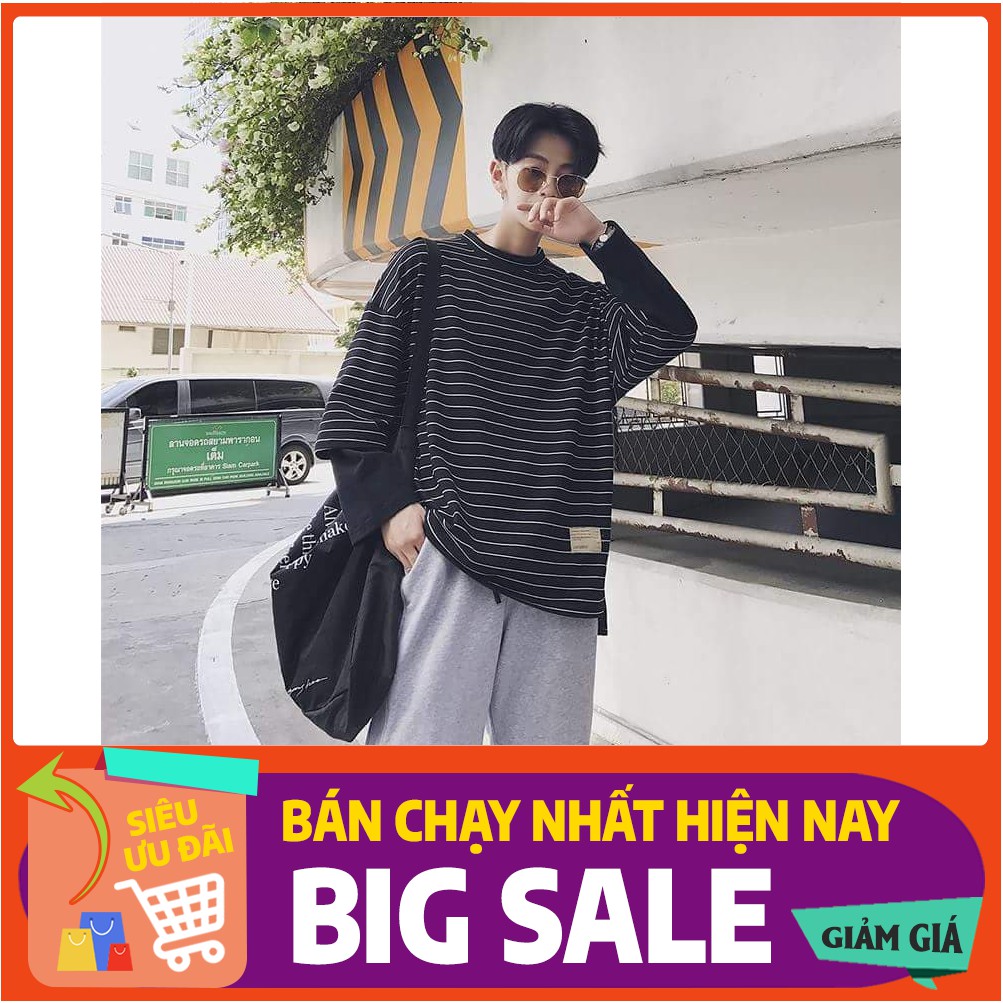 [FREESHIP❤️] Áo thun nam dài tay, Áo thun Hiphop, Áo thun không cổ, Áo thun nam kẻ ngang tay dài nối #5466