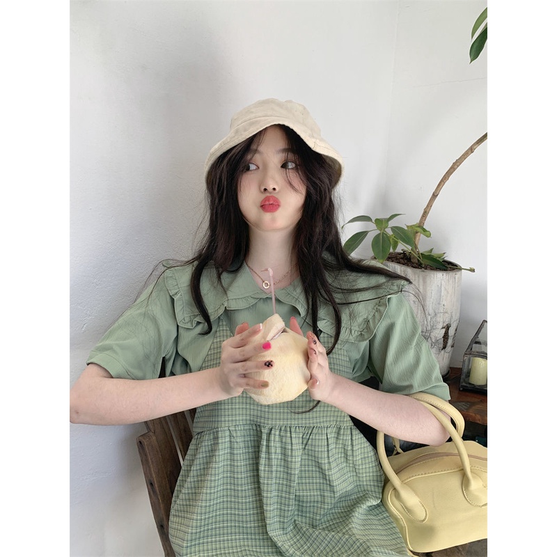 Set Áo Sơ Mi Và Đầm Hai Dây Kẻ Sọc Caro Màu Xanh Lá Mùa Hè Cho Nữ
