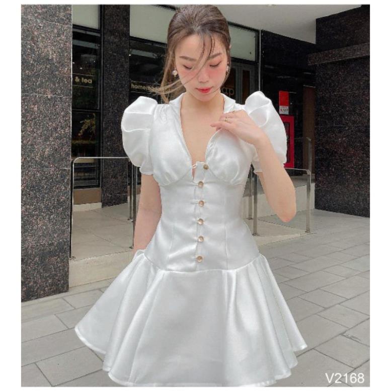 Đầm trắng cổ V đuôi bèo xếp li Tata Dress