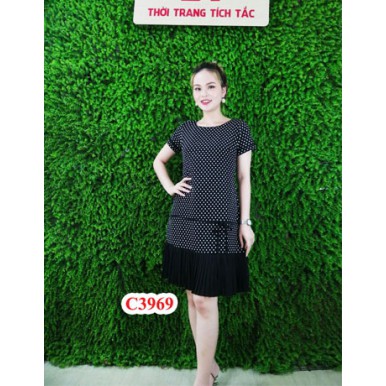 Đầm suông chấm bi phối dập ly chân váy 380