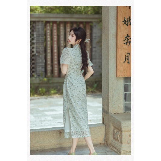 Sườn xám cách tân phối ren hoa nhí phong cách yêu kiều dễ thương hebe's MSP S02