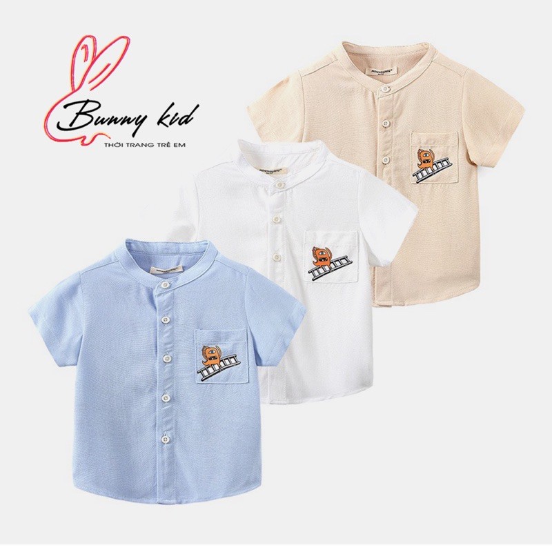 Áo sơmi cổ tầu bé trai WELLKIDS áo cộc tay cho bé hoạ tiết hoạt hình chất cotton TX2238