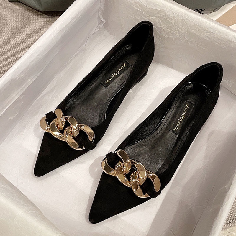 Giày búp bê cao gót bán nguyệt phối dây xích kim loại thời trang mùa hè pháp 2021