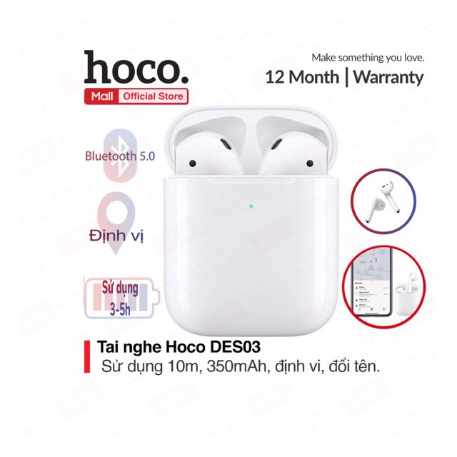 Tai nghe Bluetooth TWS Wireless Hoco DES03, định vị tai nghe, đổi tên ,nghe nhạc liên tục trong 3-5 giờ, Bluetooth 5.0