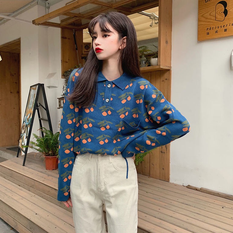 Áo Sweater Cổ Bẻ Rút Dây In Họa Tiết Cherry Dễ Thương Phong Cách Nhật Bản Thời Trang Mùa Đông Cho Nữ