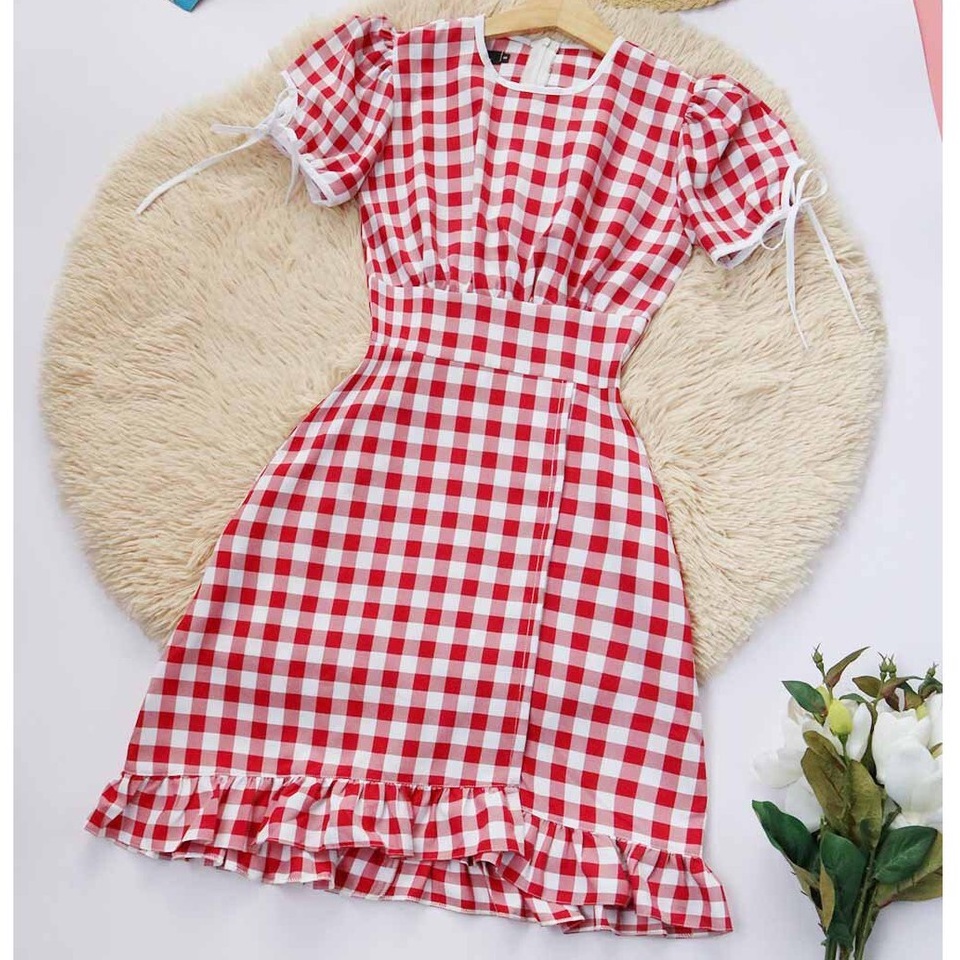 Đầm caro đỏ công sở thiết kế xòe bánh bèo dễ thương tay ngắn xinh thời trang trẻ trung đi làm đi chơi eo tôn dáng