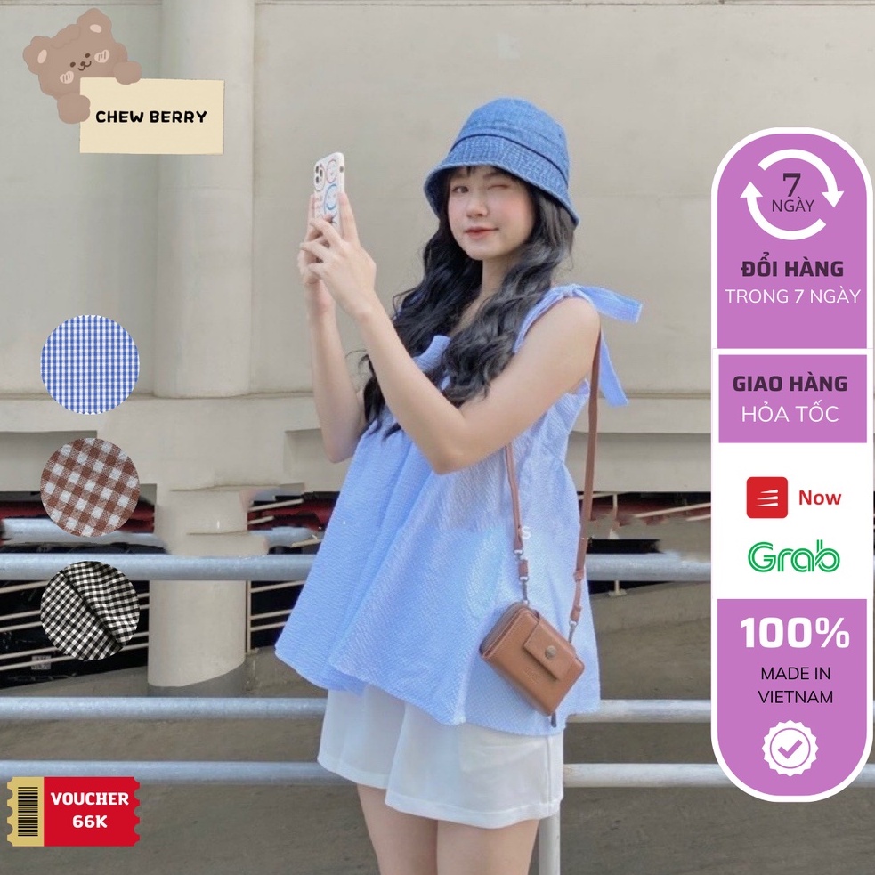 Set đồ gồm áo ulzzang hai dây babydoll họa tiết kẻ xanh và quần short trắng xinh xắn dễ thương - unisex store