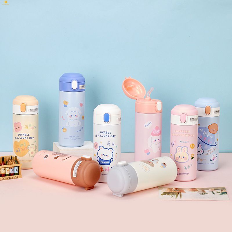 380Ml Hoạt Hình Dễ Thương Thép Không Gỉ 304 Một Đẩy Tumbler Nhiệt Bình Nước Có Ống Hút Quà Tặng Sinh Nhật Mini cốc Cà Phê Không Rò Rỉ Nhiệt Bình Flowerdance