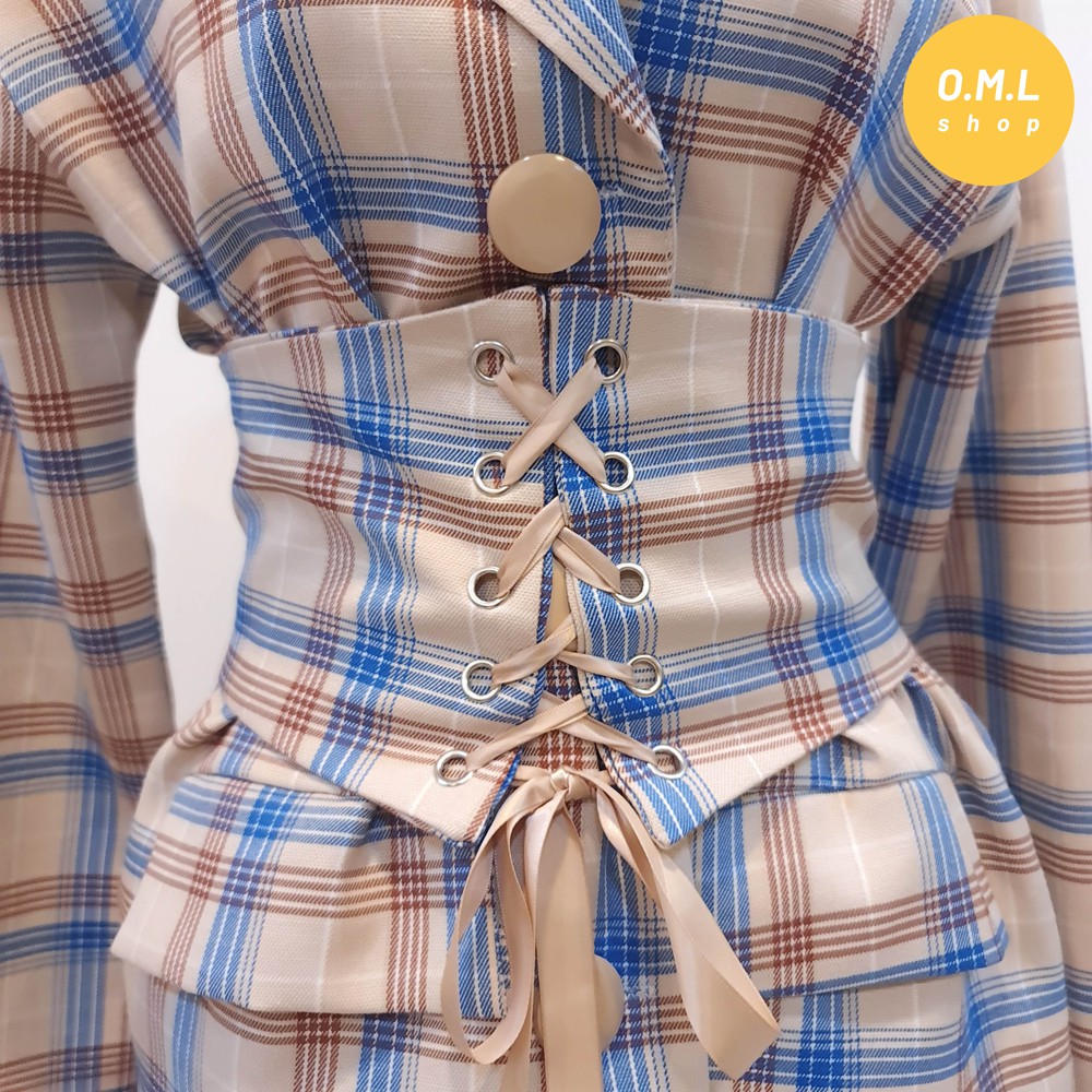 Áo blazer sọc caro kèm đai eo đan dây phong cách retro nữ tính (có hình thật) | BigBuy360 - bigbuy360.vn