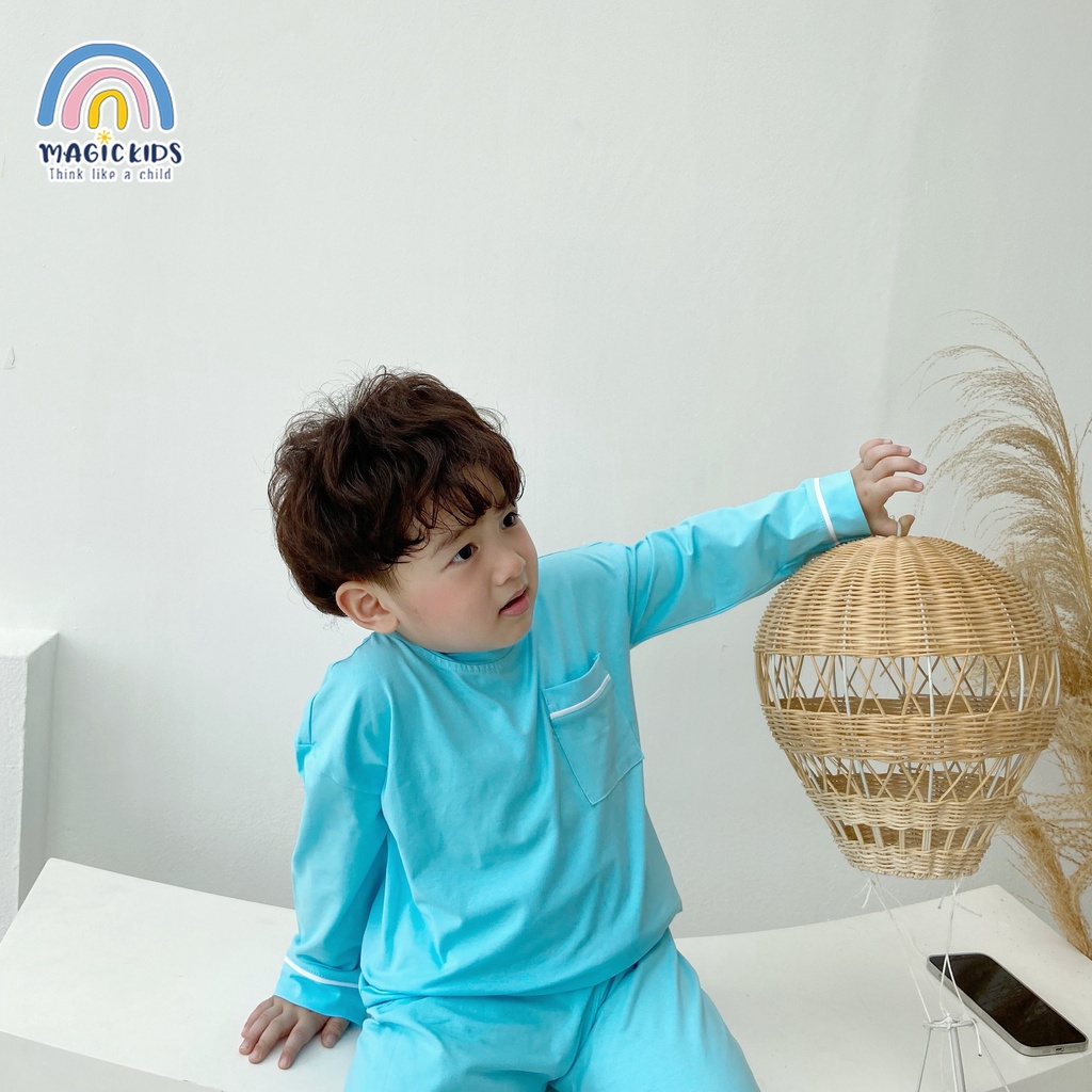 Bộ đồ ngủ dài tay cotton trơn cho bé trai bé gái Magickids Quần áo trẻ em thu đông thấm hút mồ hôi co giãn BR21042