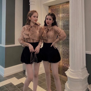 Áo sơ mi chấm bi voan nâu tây phối nơ cổ
